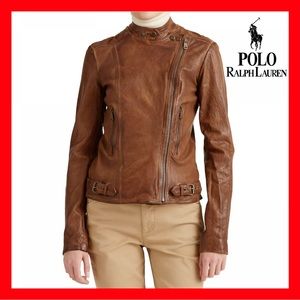 $495 Polo Ralph Lauren Lamb Leather Moto Jacket Dark Walnut Womens Size 10